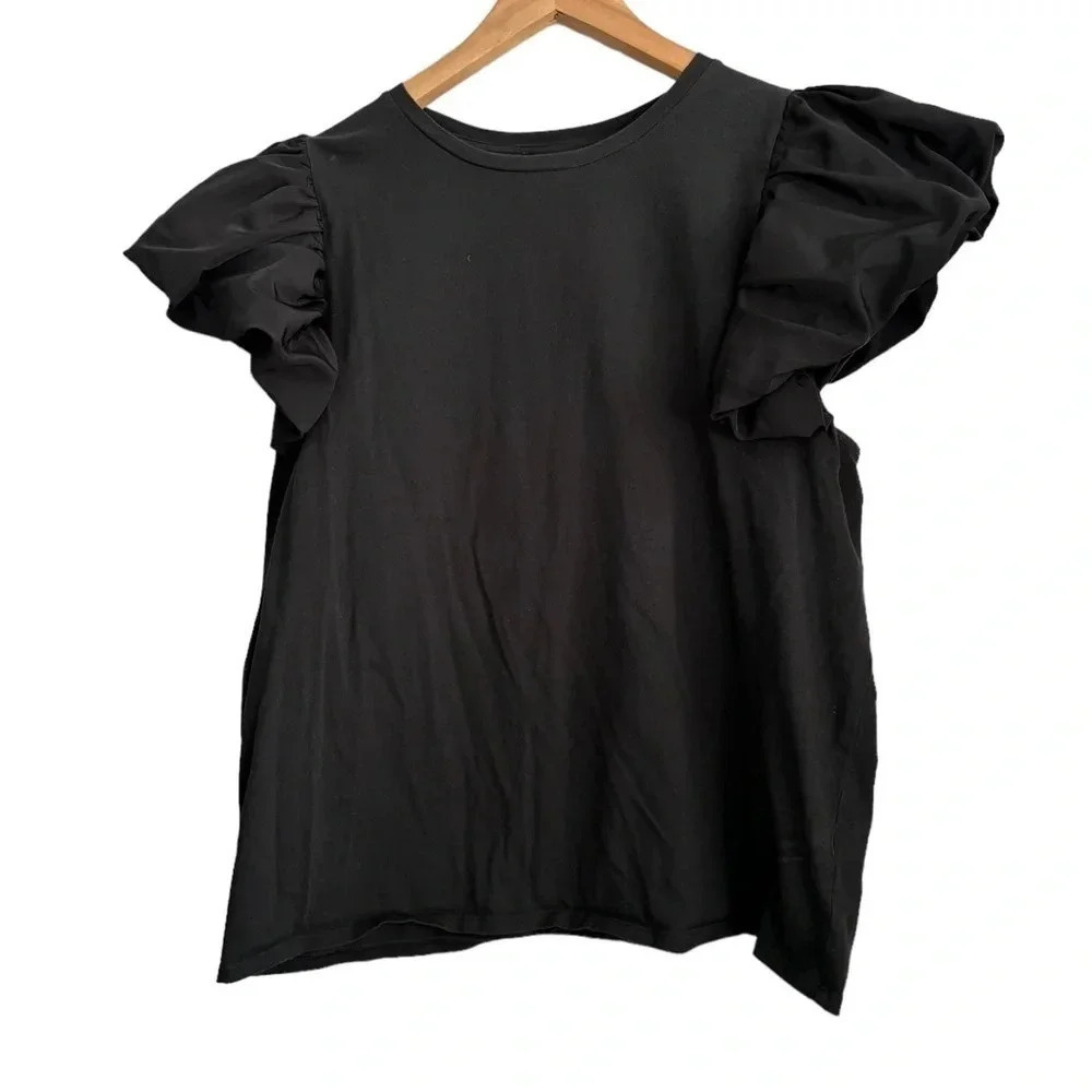 Express Women's Black T Shirt with Puff Sleeves Size Extra Large - Picture 2 of 4
